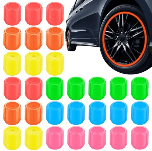 30er-Set Leuchtende Ventilkappen Auto kombiniert mit Fluoreszierende Ventilkappen Auto, jeweils 5× Grün Gelb Blau Pink Rot Orange, universelle Ventildeckel für Pkw SUV Motorrad Fahrrad Ventilschutz