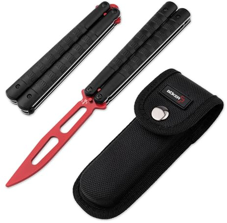 BÖKER PLUS® Relack Trainer – legales Balisong Trainingsmesser mit schwarzem Alu-Griff - Übungs-Messer mit roter Dummy Klinge ungeschärft - hochwertiges Butterfly Trainer Messer