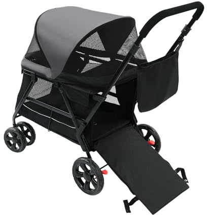 Hundewagen, Hundebuggy klappbar, bis 30 kg, Haustierwagen mit Netzfenstern & Griff, Haustiere Buggy Hundetrolley, für mittelgroße große Hunde Katzen, 67x98x121cm