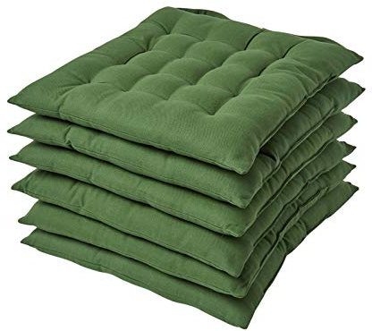 HOMESCAPES Dark Olive Green Seat Pads for Dining Chair, Set of 6 100% Cotton Chair Pads with Straps, 40x40 cm