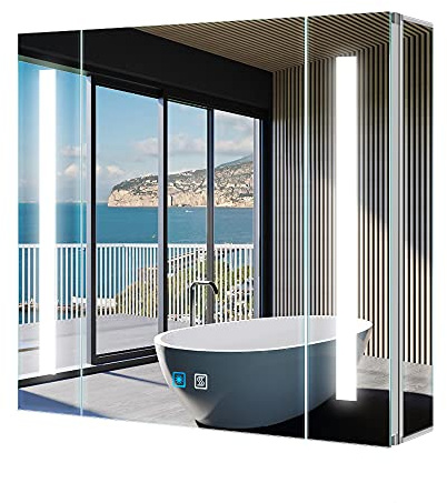 Tokvon® Alameda LED Bathroom Mirror Cabinet with Lights, USB Ports, Anti-Fog, Shaver Socket, Colour Changing & Touch Sensor, Dimmable LED, Wall Mount with Backlight 60x65cm