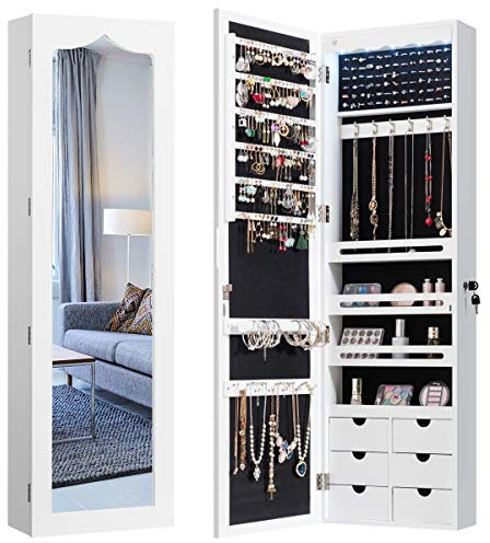 COSTWAY Schmuckschrank mit LED Beleuchtung, 6 Schubladen und Spiegel, Sipegelschrank hängend, Hängeschrank für Tür und Wandmontage, abschließbar (Weiß)