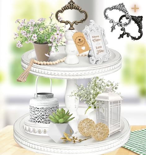 Felt Creative Home Goods - Vassoio a 2 livelli, in legno, per decorare la casa, la casa, la casa, la cucina, la sala da pranzo, include 3 maniglie personalizzate, colore: Bianco