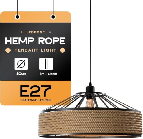 LEDSone Lampadario a sospensione in corda di canapa industriale retrò, lampadario decorativo da soffitto. Kit paralume per lampada da soffitto (Cavo + 1m, 30cm)