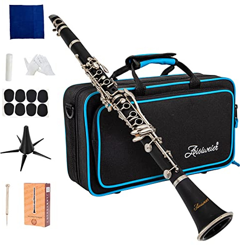 Aisiweier B-Flat Clarinet Black Ebonite Clarinet For Student Beginner, With Nickel-plated Keys,Belt, Joint Grease, White Gloves, Soft Polishing Cloth, 8 Mouthpiece Cushion, Hard clarinets