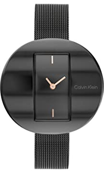 Calvin Klein Analog Quarzuhr für Damen Kollektion Circular MESH mit Schwarzes Edelstahl-Mesh-Gliederarmband - 25200018
