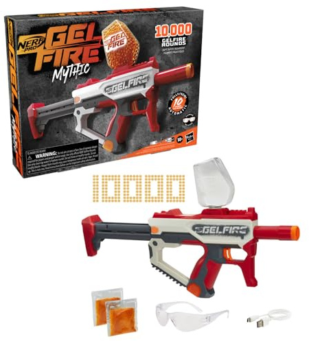 Nerf Pro Gelfire Mythic Full Auto Blaster & 10,000 Gelfire Rounds, 800 Round Hopper, Rechargeable Battery, Eyewear, Ages 14 & Up