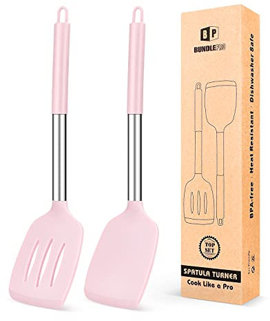 Juego de 2 Espátulas de Silicona, Espátula Antiadherentes Resistente al Calor, Utensilios de Cocina para Servir, Freir, Cocinar Huevos, Peacado, Verduras, Steak, Tortitas（Rosa）