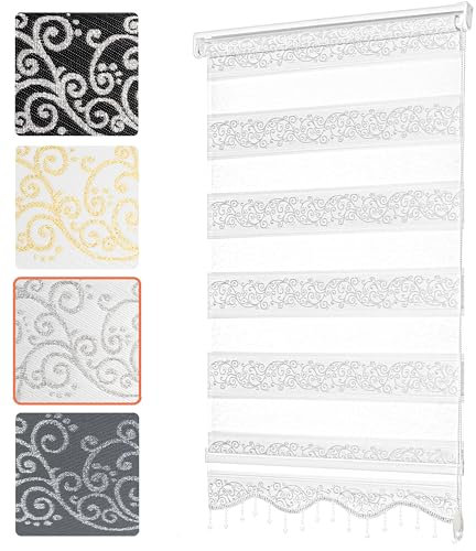 Bailena® Doppelrollo Klemmfix ohne Bohren - 4in1 Duo Rollo mit Muster Weiß Silber Glitzernd 60x200cm - Ranken & Blumen Motiv Doppelrollo mit Perlen - Gardinen Rollos für Fenster & Tür