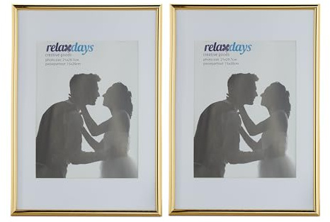Relaxdays 4 x Bilderrahmen, Din A4, Passepartout 15x20 cm, Glasscheibe, Fotorahmen zum Stellen oder Hinhängen, Rahmen, Gold