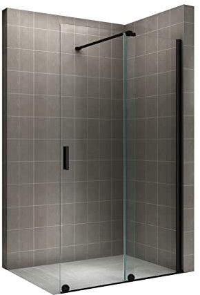 i-flair Walk In Duschwand mit Schiebetür NADINE 140x200cm in Schwarz Duschabtrennung aus 8mm ESG Nano - Links und Rechts montierbar