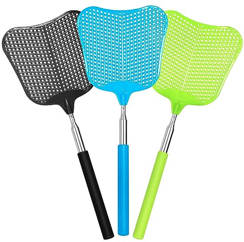 Matamoscas telescópico, matamoscas Begonia para interiores, matamoscas manual de plástico resistente con mango telescópico de acero inoxidable (paquete de 3)