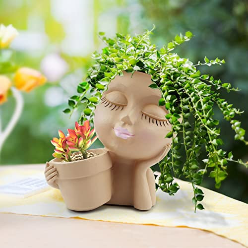 EZESO Face Planter Pot Girl Face Flower Pots,Cute Faces Plant Pot Art Resin Head Planter with Drainage Hole Cute Lady Face Plant Pots for Indoor Outdoor Plants (Beige)