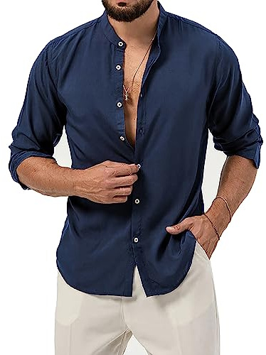 Evoga Camicia Uomo di Lino Manica Lunga Slim Fit Casual Estiva Coreana (M, Blu)