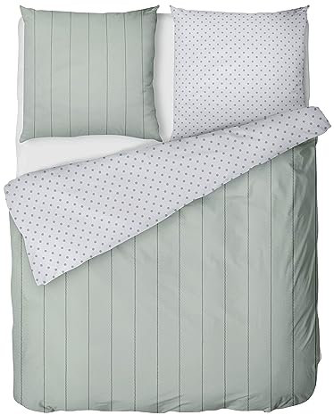 LINKHOFF Bettwäsche gestreift 155x220 cm - Biber Bettwäsche Grün Mint - Grau aus 100% Baumwolle - Feinbiber Wendebettwäsche Punkte Muster