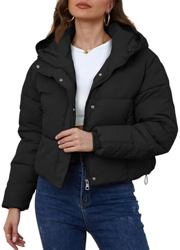 Yimoon Piumino corto invernale da donna con cappuccio e cerniera corta trapuntata calda, nero, Medium