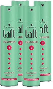 Taft Spray de volumen para el cabello, grado de retención 5 (250 ml), spray de peinado que da volumen y sujeción al cabello fino, laca sin siliconas para hasta 24 horas de duración, 4 x 250 ml