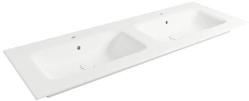 Saqu Fluente DoppelWaschbecken mit 2 Armaturenlöchern 141x51x1 cm - Glänzend Weiß - Waschbecken für Unterschrank, Waschtisch für Badmöbel Set