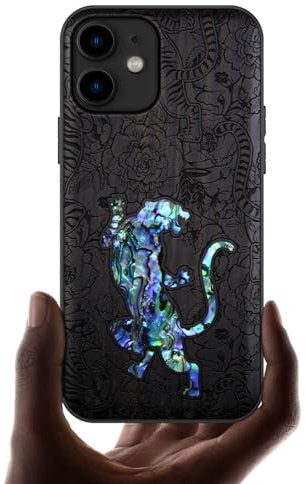 Carveit Etui pour iPhone 11 Coque [Bois et Incrustation de Coquille] Souple TPU de Téléphone Compatible avec Apple 11 Étui (Bois Sombre-Un Tigre au Milieu des Fleurs)