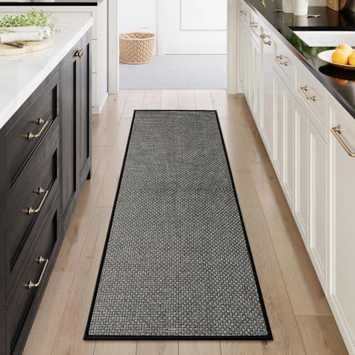 Cheerx Küchenteppich Waschbar rutschfest, Küchenläufer rutschfest, Geometrisches Strukturgeflecht Teppich Läufer Flur, Waschbare Teppiche für Küchen, Terrasse & Wohnraum, Schwarz, 43x150cm