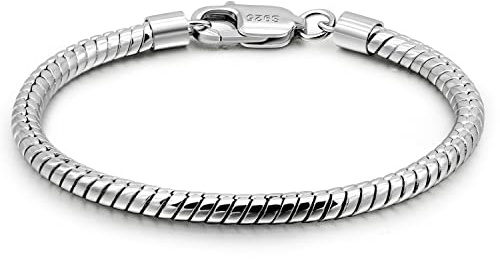 Dankadi Bracelet en Forme Serpent 3MM 4MM en 925 Argent, 6.3 - 9.5 Gourmette Maille Ronde Chaîne Serpentine Doré 16-24CM Cadeau de Bijoux Fête Anniversaire pour Homme Femme