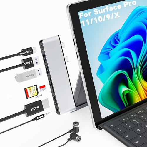 Surface Pro 11/10/9/X Hub Docking Station, adattatore hub per Surface Pro 11 con HDMI 4K, USB-C Thunderbolt 4 (video 8K+dati+PD 100W), 2 USB 3.0, audio da 3,5 mm, SD/TF, Surface Pro 11 Dock