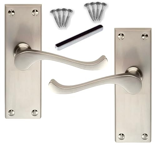 DISCOUNT HARDWARE UK Victorian Scroll Door Handle Set, Satin Nickel Finish, Interior Wooden Doors Handle Pack, Back Plate Size 11.8cm x 4.2cm, Sold in Pairs