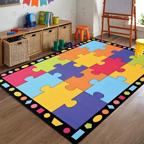 YHUERC Rainbow Puzzle Area Rug, 160x230cm Baby Crawling Mat, Children's Playroom Decor, Background With Colorful Colors, for Living Room Bedroom Daycare Or Home School Reading Corner Rug.
