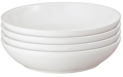 Denby - Cotton White Set of 4 Pasta Bowls - 1050ml Capacity - Dishwasher Safe Ceramic Crockery - Glazed Bowl Set for Dinner & Lunch - Pasta Dishes for Rice, Noodles - Chip & Crack Resistant Stoneware