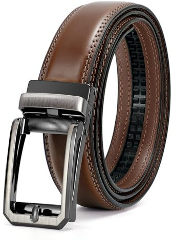 SUOSDEY Herren Ratschengürtel, Automatischer Ledergürtel für Business Anzug Jeans Hosen Verstellbar Ohne Löcher 30mm Breite braun