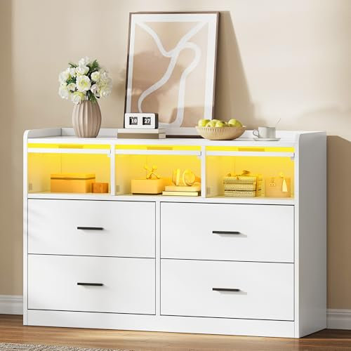 YITAHOME Commode à 7 tiroirs avec lumières LED RVB - Tiroirs Blancs avec 3 Portes battantes Ouvertes - Meuble de Rangement pour vêtements - Table de Chevet pour Chambre à Coucher et Salon