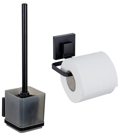 WENKO Badezimmer-Set Mod. Vacuum-Loc® Quadro WC-Garnitur Toilettenpapierhalter Wandbefestigung ohne Bohren Edelstahl schwarz 9,5 x 37 x 12,5 cm