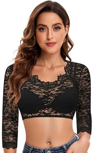Hotouch Drindl Blusa para mujer de encaje, blusa tirolesa blanca, elegante cuello en V, Oktoberfest, blusa tirolesa, manga 3/4, color negro, Negro , S