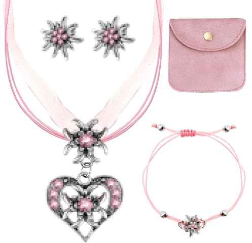 Lets Joy Trachtenschmuck Set, 3 Stück Bayerisch Schmuck-Sets, Oktoberfest Herz Anhänger, Strass Edelweiß Schmuck, Bayerisch Dirndlschmuck Oktoberfest Deko Accessoires Trachtenkette (A)