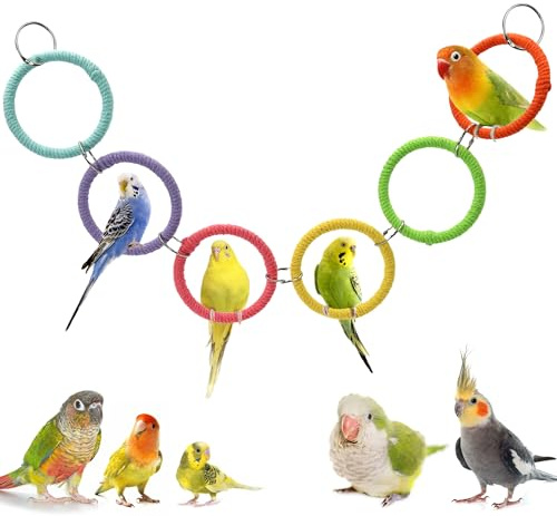 Jevnd 6-Ring Bird Swing Toy for Cage, Colorful Cotton Rope Perch for Parrots Soft Grip, DIY Adjustable Hanging Parakeet Toys, Interactive Multi-Bird Swing and Climb for Budgies, Lovebirds, Cockatiels