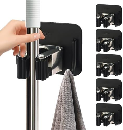 Vlecexs 6 Pièces Porte Balai, Accroche Balai Mural, Support D'outils de Ménage, Mop Support Avec Crochets Sans Percage pour Cuisine Salle Garage Jardin (Noir)