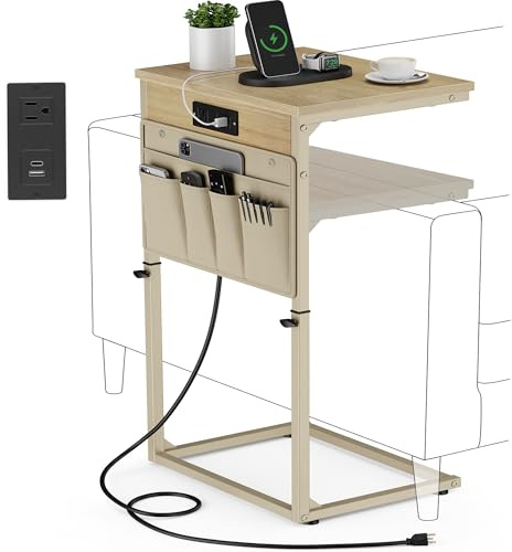 Vagusicc C-Shaped End Table with Charging Station, Small Side Table for Couch, 33 Tall C Table Adjustable Height Side Table, Couch Tables that Slide Under, Sofa Table TV Tray for Living Room, Natural