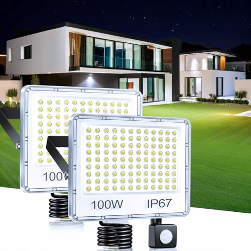 TASINUO 100W Security Lights Outdoor Motion Sensor 10000LM Floodlight 2 PC | IP67 Waterproof PIR Security Lights Outdoor, 6500K Cool White Flood Lights Outdoor Motion Sensor for Garden Garage Patio Yard
