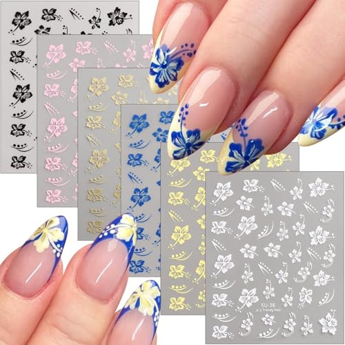 CHarmeFleur Hibiscus Flower Nagelaufkleber, 6 Stück Hibiscus Blumen Nagelbilder 3D Selbstklebend Weiß Rosa Bunte Hawaiianische Blumen Aufkleber Für Nägel Kirschblüte