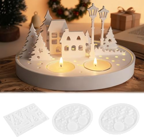 Portavelas Árbol Navidad Moldes, 3 PCS Moldes de silicona para casas navideñas, Moldes de Fundición de Casas Navideñas, Moldes de Fundición de Navidad de Silicona, decoración navideña DIY(B)