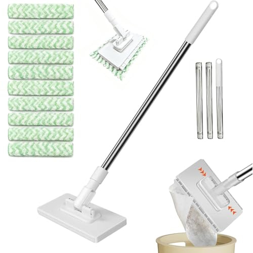 Mopa con Sistema de sujeción a presión,Cambio de 1 Botón,Nuevo Mopa con Sistema de Sujeción a Presión con 10 paños de Microfibra Reutilizables,sin Lavar Las Manos,（El Color del Trapo es Aleatorio）