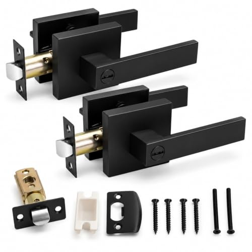 2Pack Matte Black Privacy Door Handles Internal with Lock,Fits 35-53mm Door | with Turn-Button Lock,Keyless Bathroom Door Levers,Square Aluminum Alloy,for Bedroom,Bathroom,Left&Right Handled