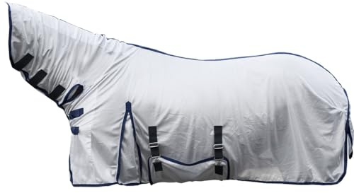 HKM 7076 Fliegendecke Lyon mit festem Halsteil, Fliegenschutzdecke Pferdedecke, Silber, 155 cm