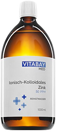 Vitabay Kolloidales Zink 50 PPM • 1000 ml • Hochdosiert | Reinheitsstufe 99,99% • Ohne weitere Zusätze • Abgefüllt in einer Braunglasflasche • Made in Germany