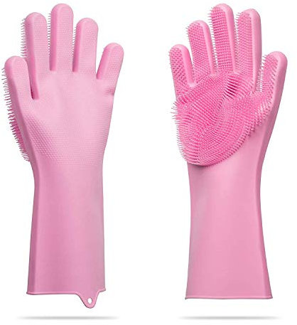 Wommty Reusable Silicone Gloves with Wash Scrubber, Silicone Heat Resistant Cleaning Brush Scrubber Gloves for Dish Washing Cleaning Kitchen Household, Pink