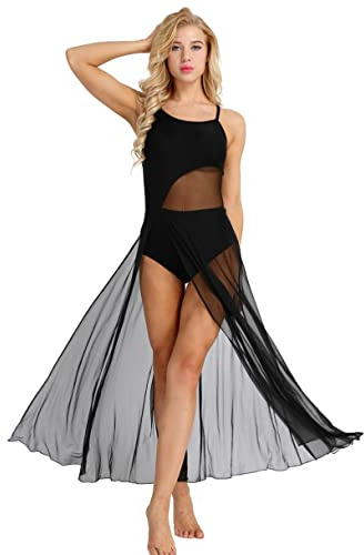 ranrann Femme Robe Danse Classique Justaucorps Asymétrique Robe Danse Latine Jazz Rumba Salsa Valse Tango Performance Dancewear XS-XL A Noir S