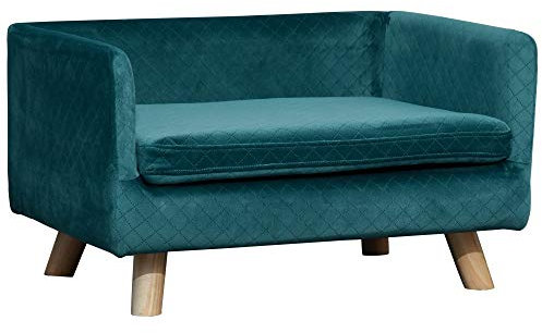 PawHut Canapé Chien lit pour Chien Design scandinave Coussin Moelleux Pieds Bois Massif dim. 64 x 45 x 36 cm Velours Bleu Canard