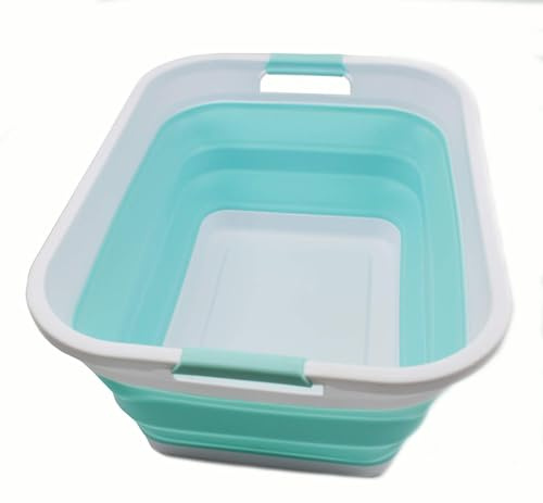 SAMMART 41L Cesto portabiancheria pieghevole in plastica - Contenitore pieghevole/Organizzatore - Vasca per il lavaggio portatile - Cesto/cestino salvaspazio (1, Bianco/Verde Lago)