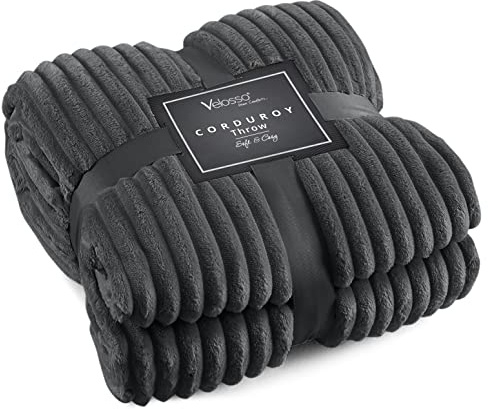Velosso Chunky Ribbed Cord Faux Fur Velvet Thermal Touch Sofa Bed Throwover Soft Touch Blanket Cord Stripes (Charcoal Grey, 150x200cms)