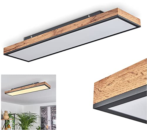 LED Panel Salmi, modernes Deckenpanel aus Metall/MDF in Schwarz/Weiß/Holzoptik, 24 Watt, 1-flammig, 2100 Lumen, Lichtfarbe 3000 Kelvin (warmweiß), längliche Deckenlampe in flachem Design